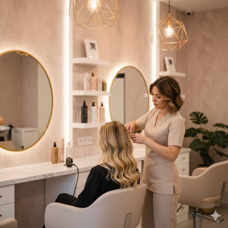 A stylist finishing a blow-dry at a round mirror