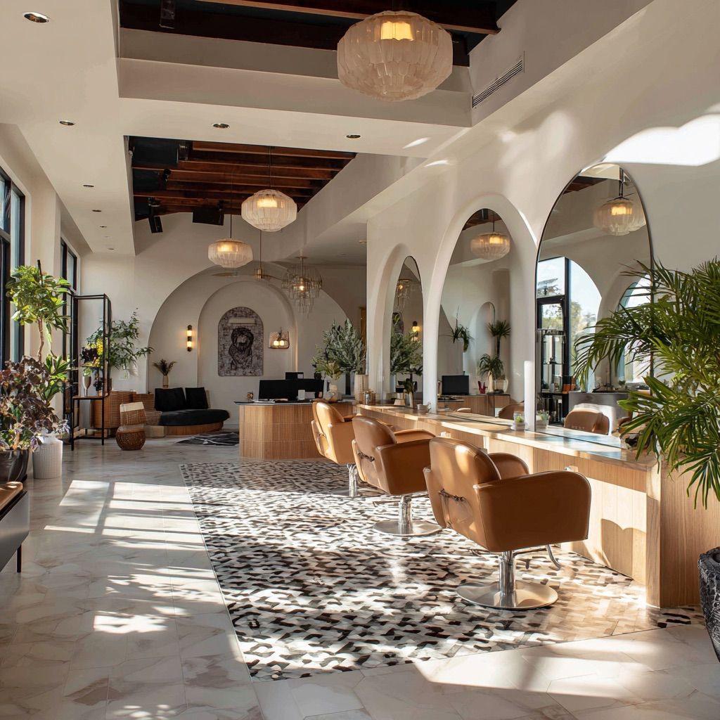 A salon floor of styling chairs under arched mirrors