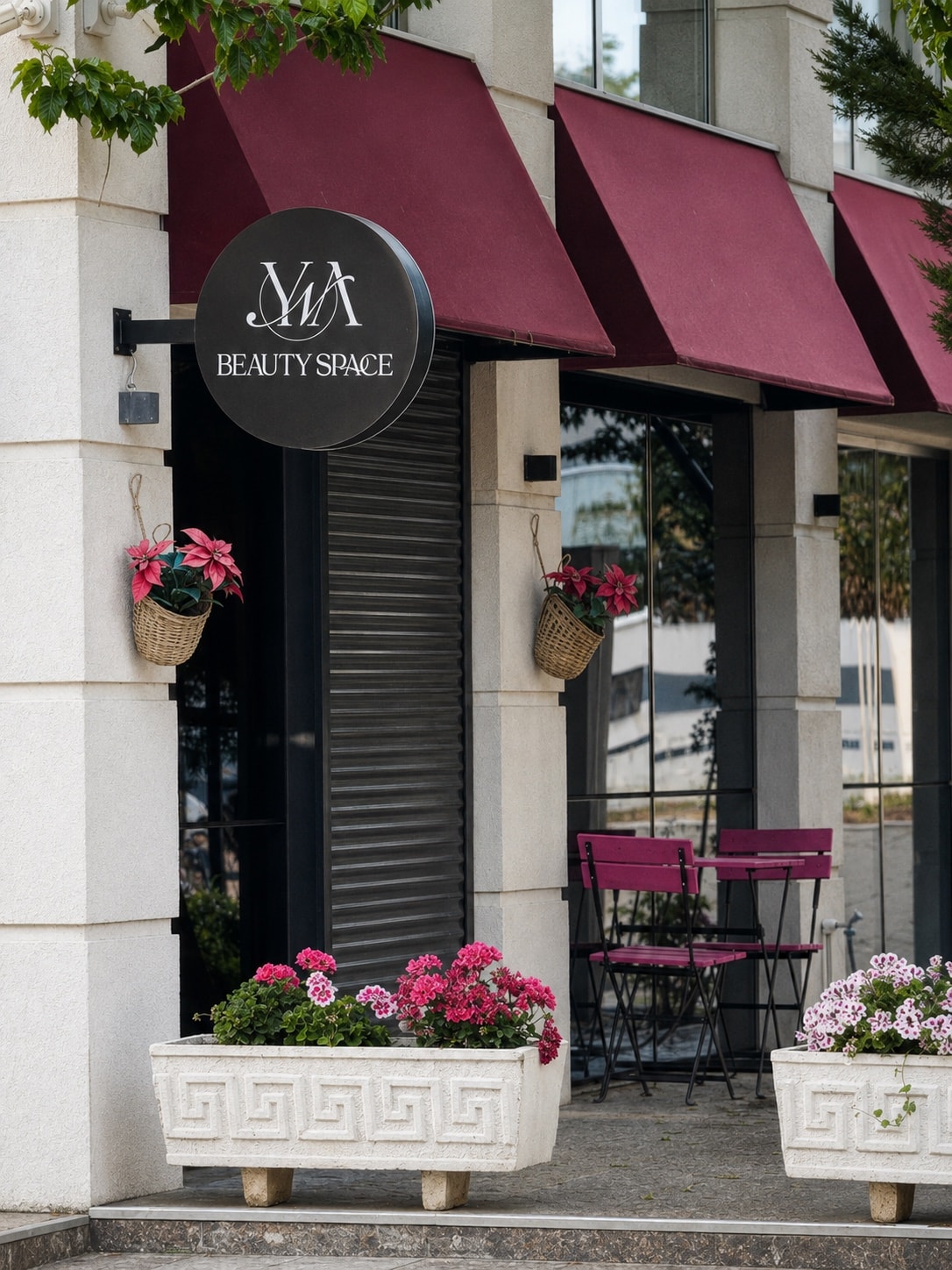 A salon shopfront under awnings, flowers in the planters