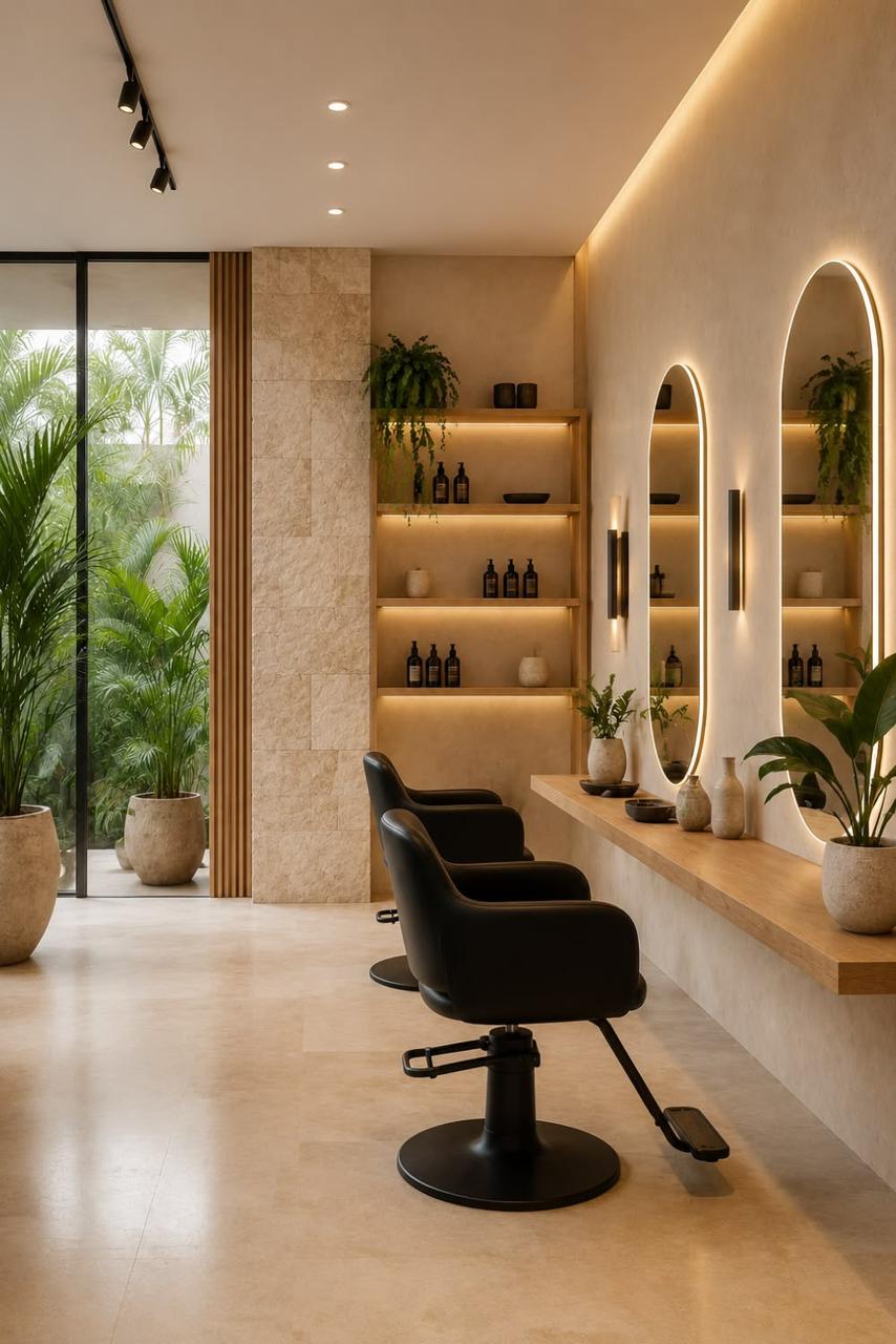 Two chairs at a lit mirror counter, shelves of product behind