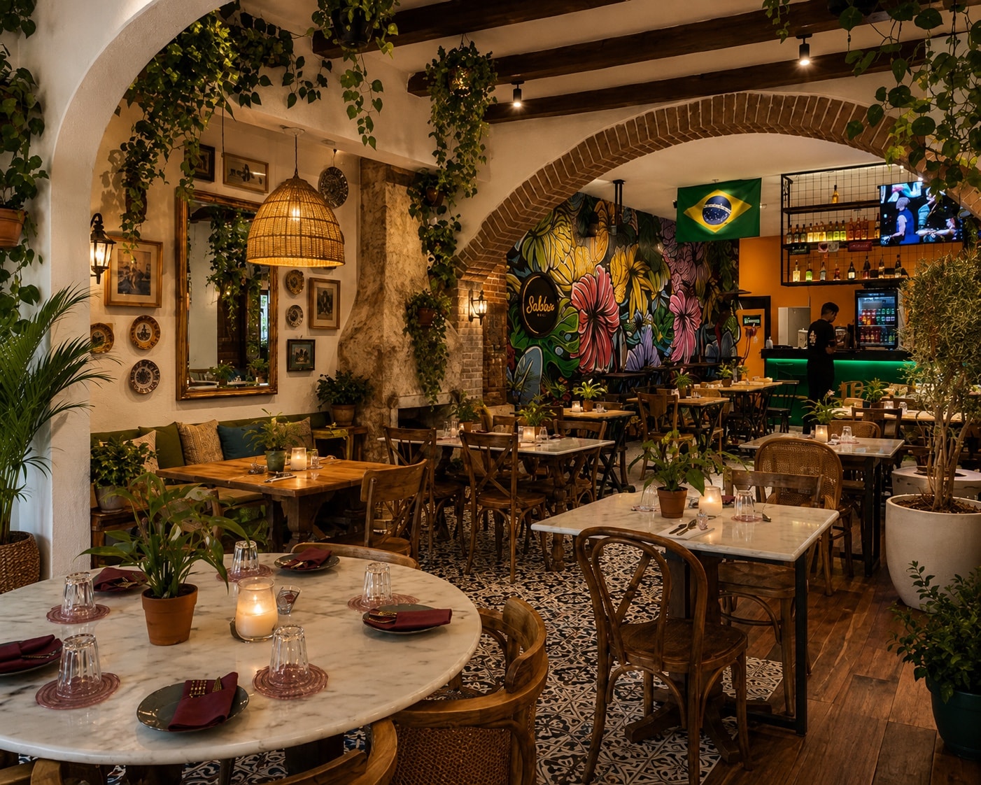 Small tables under an archway, bar counter at the back