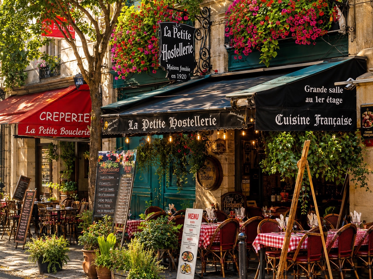 A café terrace under awnings, tables set on the pavement