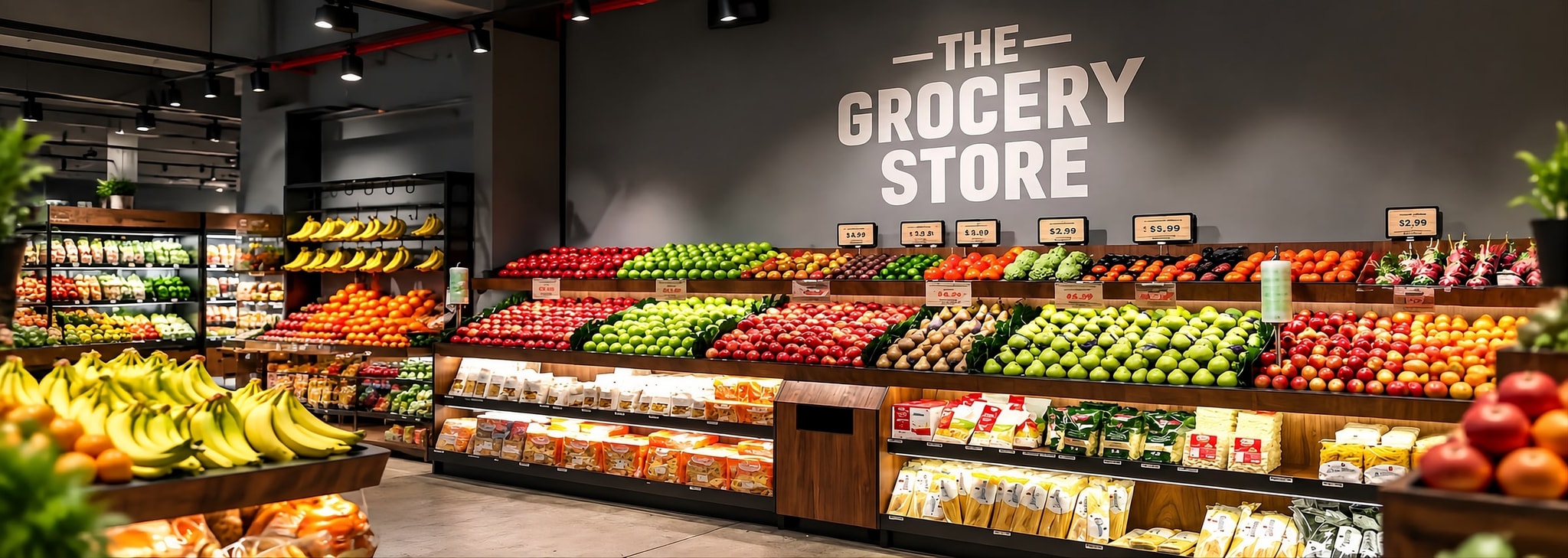 A produce hall stacked with fruit and vegetables under a shop sign