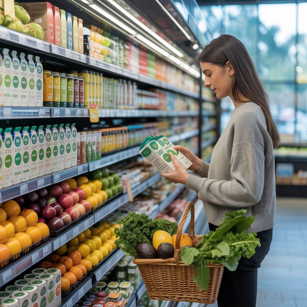 A shopper reading a carton, basket of greens on their arm