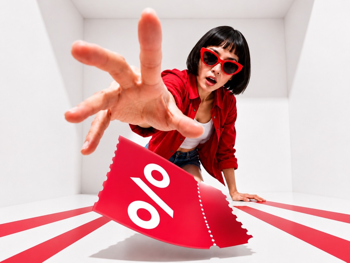A woman reaching for a large discount voucher